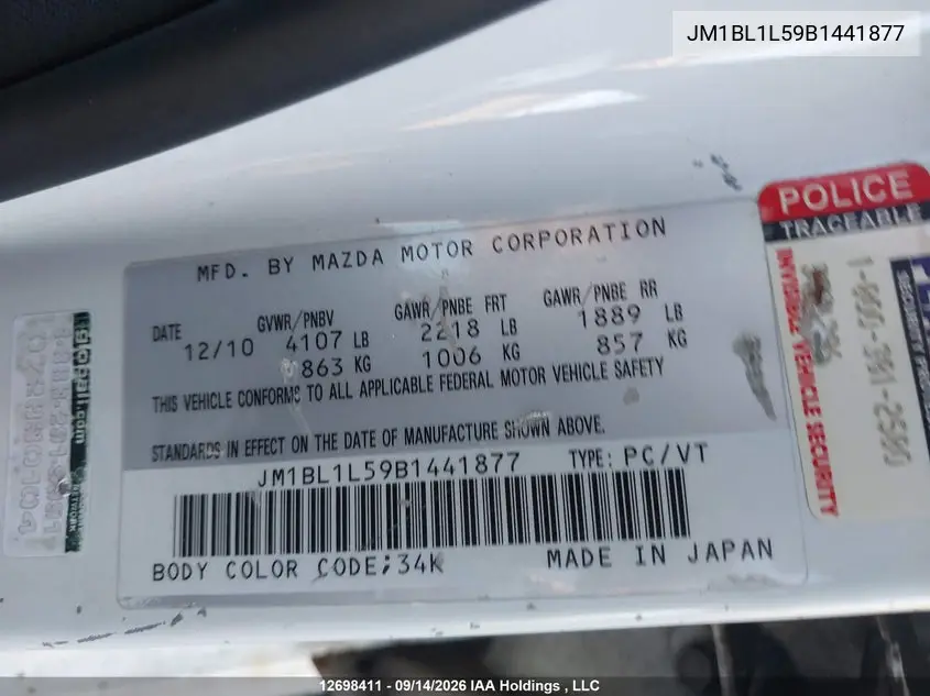 2011 MAZDA 3 VIN JM1BL1L59B1441877 — фото 9