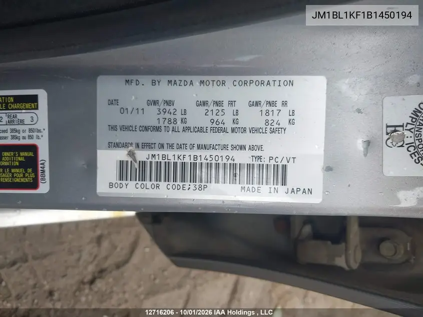2011 MAZDA 3 VIN JM1BL1KF1B1450194 — фото 9