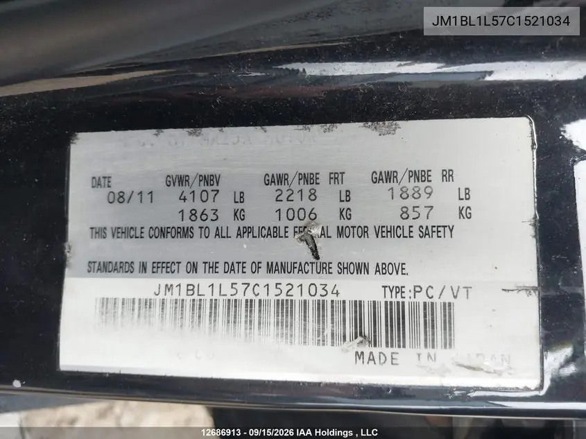 2012 MAZDA 3 VIN JM1BL1L57C1521034 — фото 9
