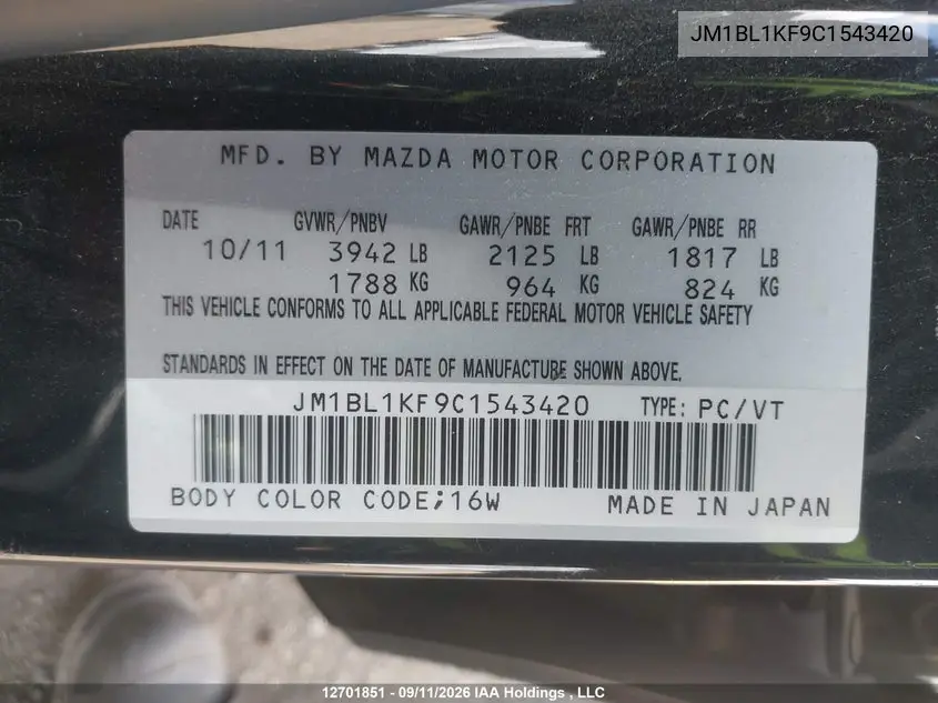 2012 MAZDA 3 VIN JM1BL1KF9C1543420 — фото 9