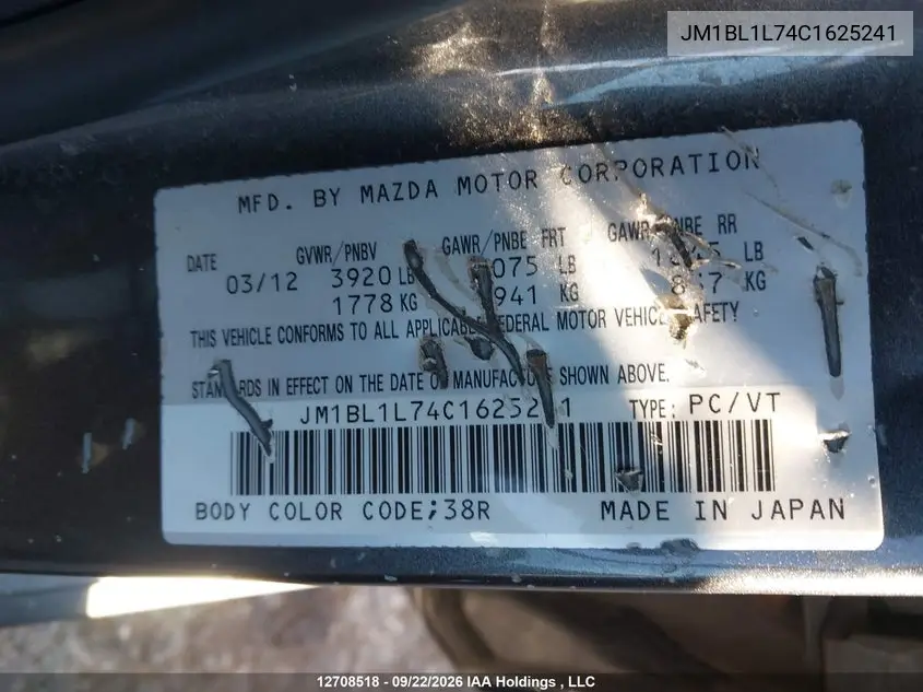 2012 MAZDA 3 VIN JM1BL1L74C1625241 — фото 19