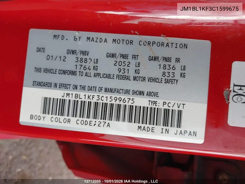 2012 MAZDA 3 VIN JM1BL1KF3C1599675 — фото 9