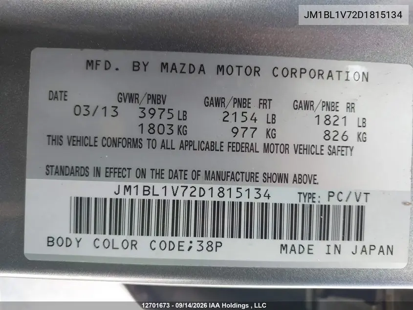 2013 MAZDA 3 VIN JM1BL1V72D1815134 — фото 9