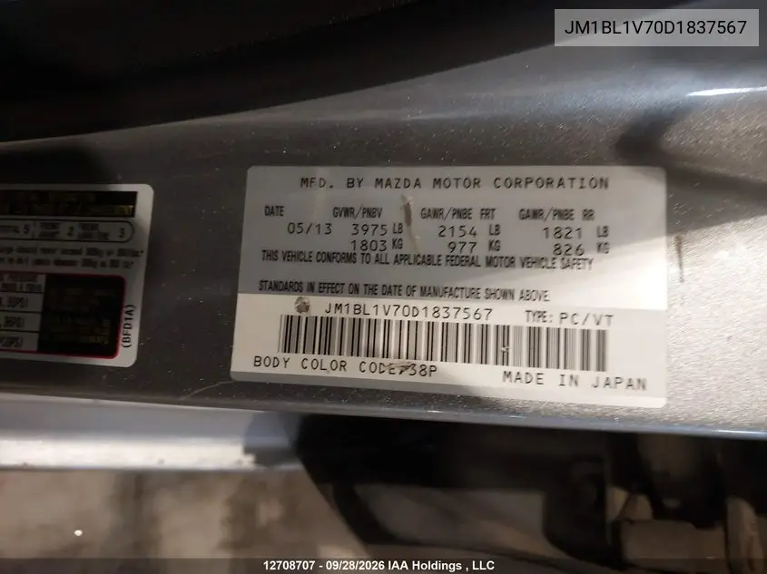 2013 MAZDA 3 VIN JM1BL1V70D1837567 — фото 9