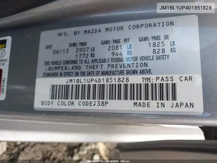 2013 MAZDA 3 VIN JM1BL1UP4D1851828 — фото 9