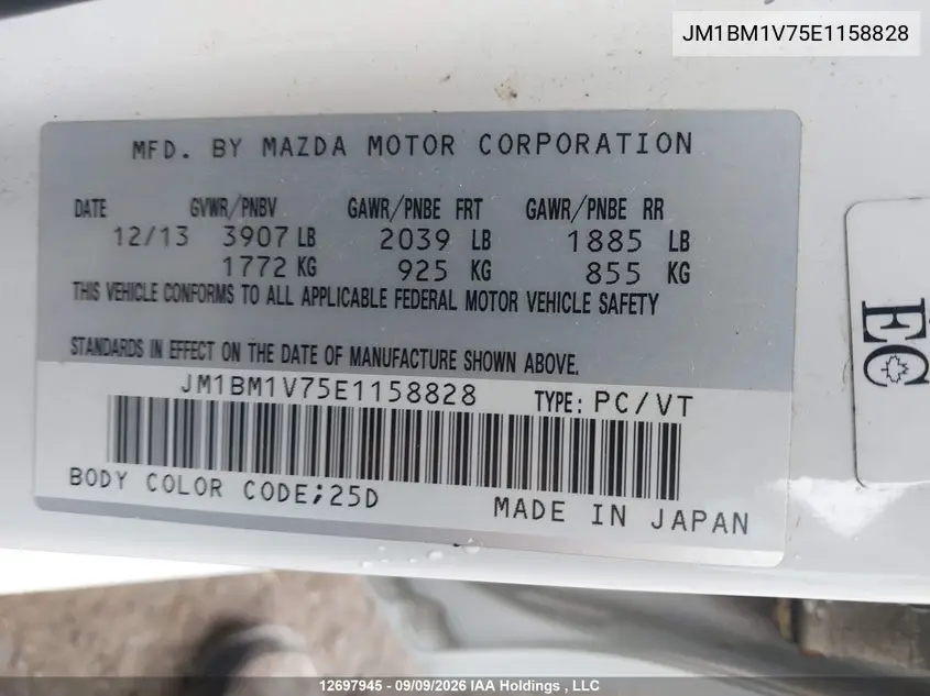 2014 MAZDA 3 VIN JM1BM1V75E1158828 — фото 9
