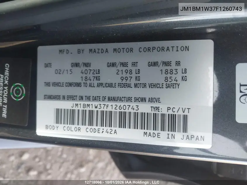 2015 MAZDA 3 VIN JM1BM1W37F1260743 — фото 9