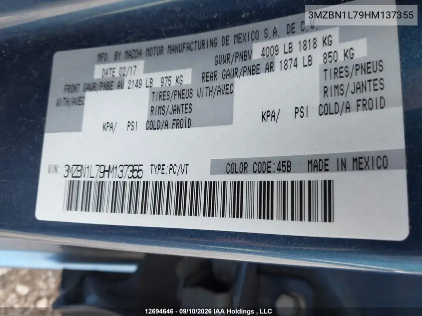 2017 MAZDA 3 VIN 3MZBN1L79HM137355 — фото 9