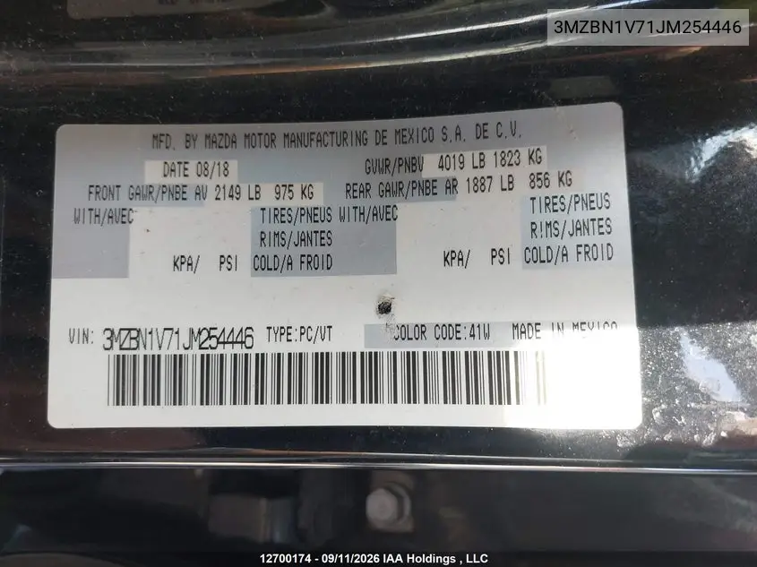 2018 MAZDA 3 VIN 3MZBN1V71JM254446 — фото 19