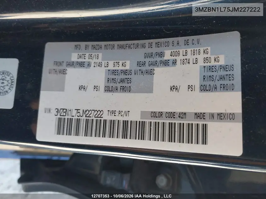 2018 MAZDA 3 VIN 3MZBN1L75JM227222 — фото 9