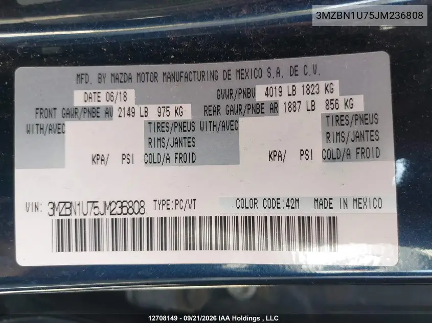 2018 MAZDA 3 VIN 3MZBN1U75JM236808 — фото 18