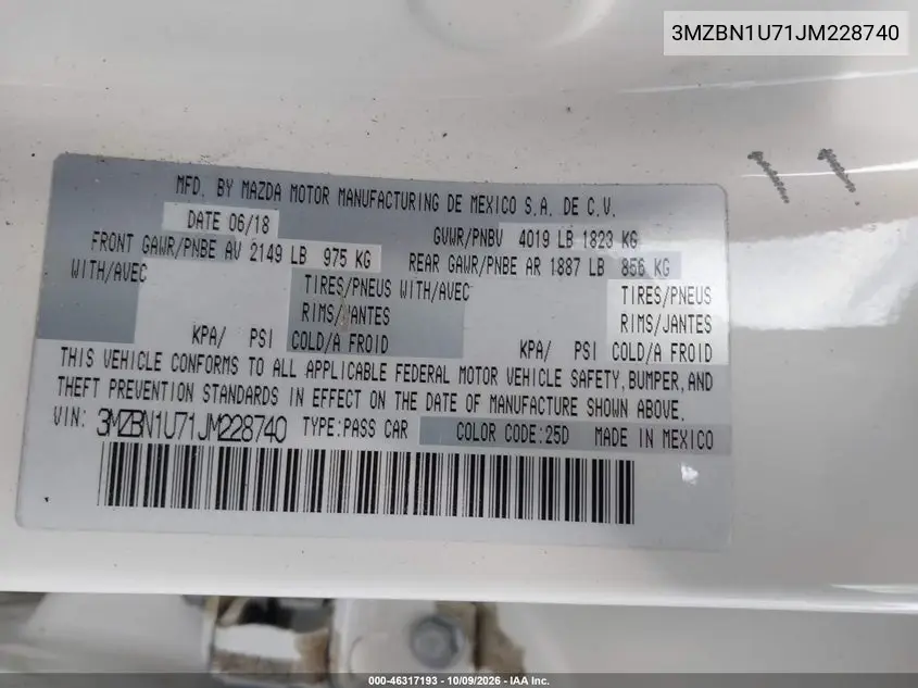 2018 MAZDA 3 VIN 3MZBN1U71JM228740 — фото 9