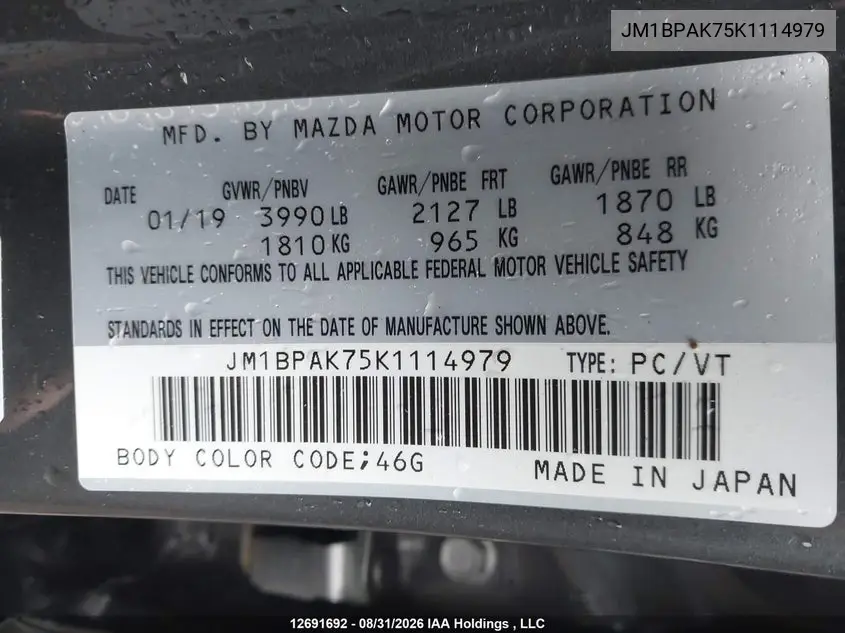 2019 MAZDA 3 VIN JM1BPAK75K1114979 — фото 9