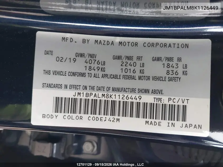2019 MAZDA 3 VIN JM1BPALM8K1126449 — фото 9