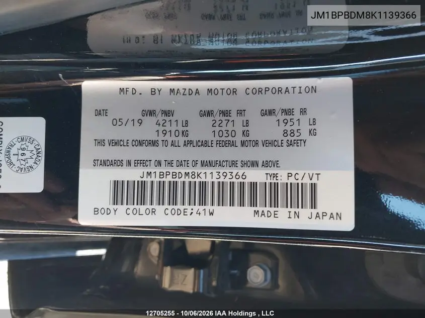 2019 MAZDA 3 VIN JM1BPBDM8K1139366 — фото 9