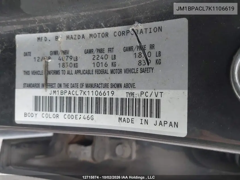2019 MAZDA 3 VIN JM1BPACL7K1106619 — фото 9
