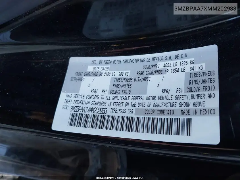 2021 MAZDA 3 VIN 3MZBPAA7XMM202933 — фото 9