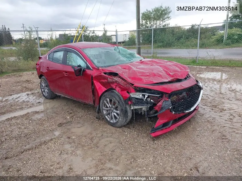 MAZDA 3 2022, VIN 3MZBPAB72NM303514