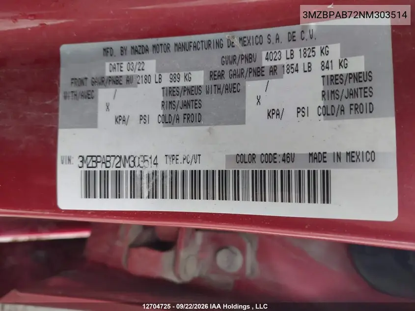 2022 MAZDA 3 VIN 3MZBPAB72NM303514 — фото 17
