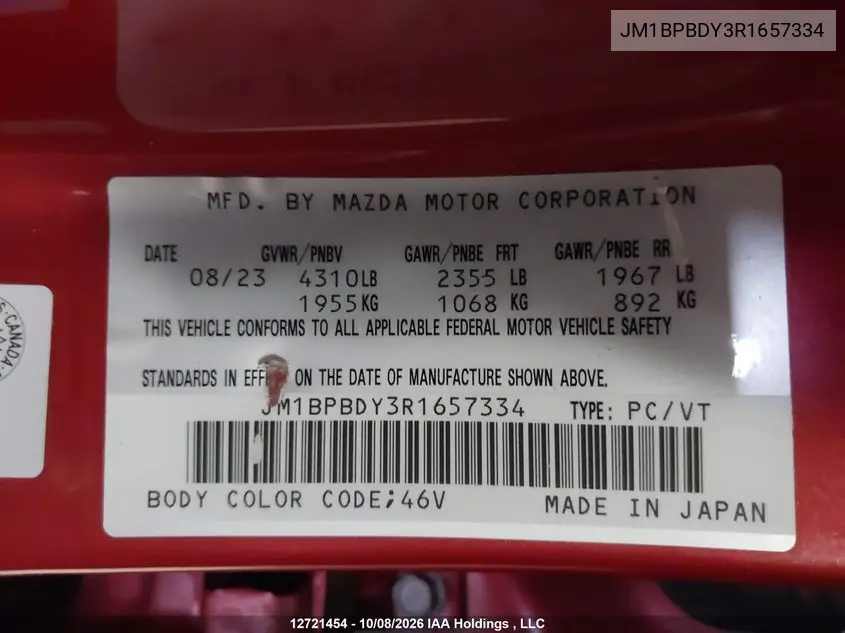 2024 MAZDA 3 VIN JM1BPBDY3R1657334 — фото 18