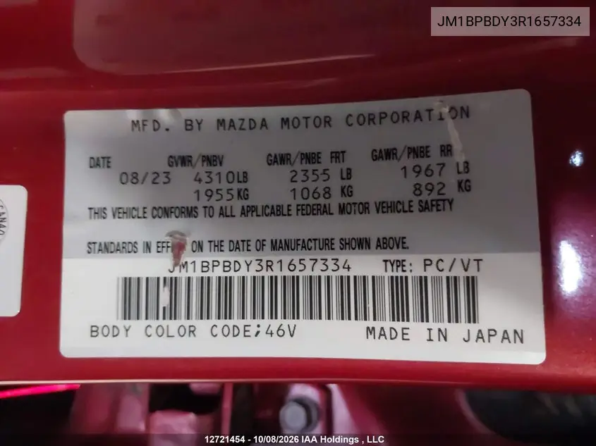 2024 MAZDA 3 VIN JM1BPBDY3R1657334 — фото 9