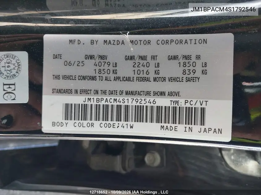 2025 MAZDA 3 VIN JM1BPACM4S1792546 — фото 9
