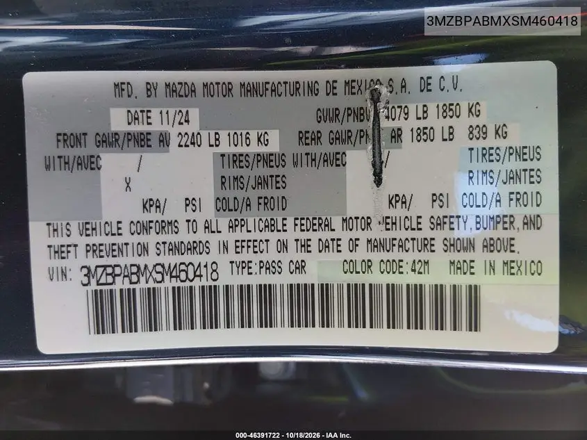MAZDA 3 2025, VIN 3MZBPABMXSM460418
