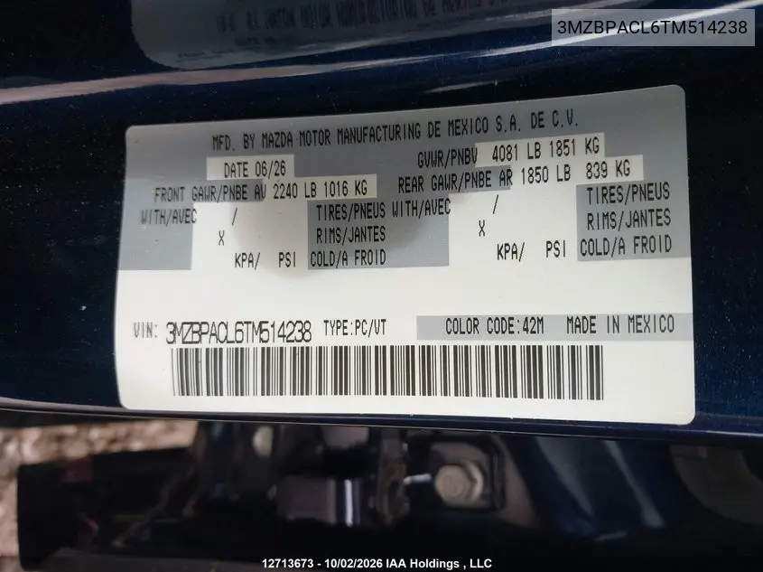 2026 MAZDA 3 VIN 3MZBPACL6TM514238 — фото 9