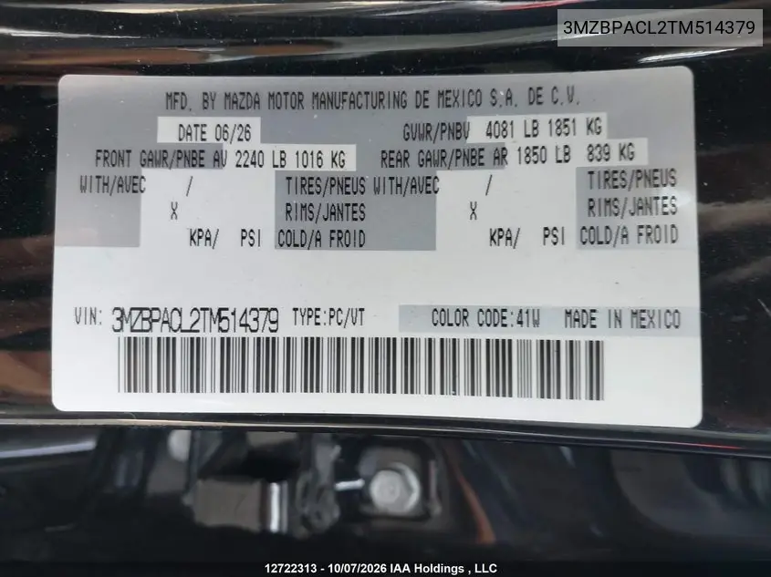 2026 MAZDA 3 VIN 3MZBPACL2TM514379 — фото 9