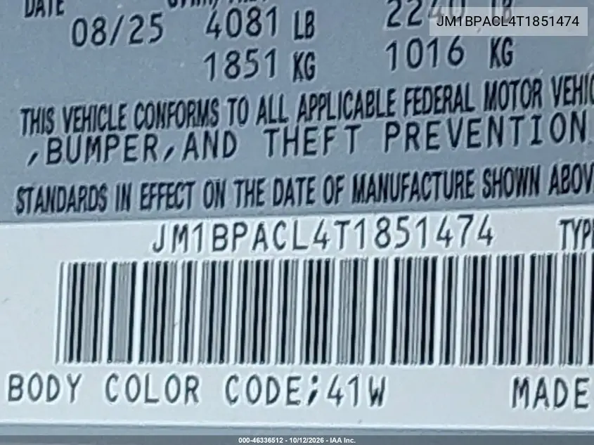 2026 MAZDA 3 VIN JM1BPACL4T1851474 — фото 9