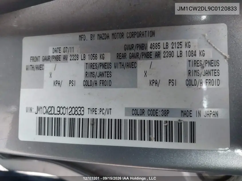 2012 MAZDA 5 VIN JM1CW2DL9C0120833 — фото 18