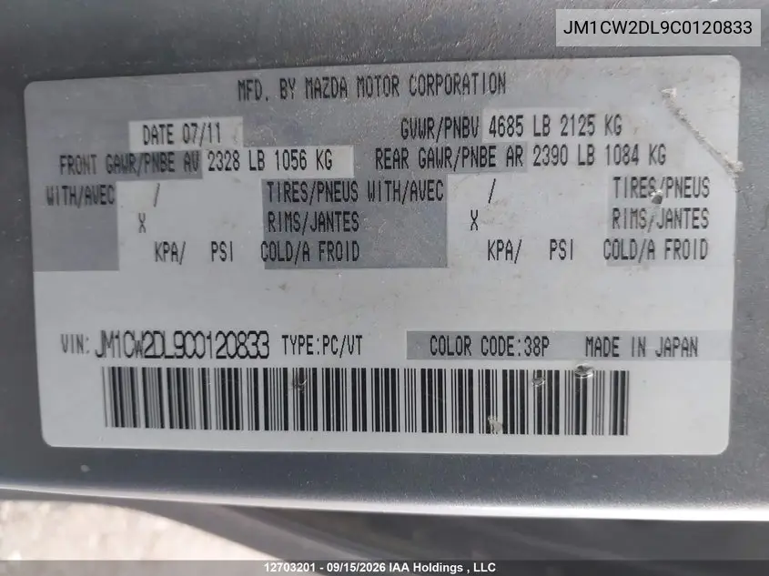 2012 MAZDA 5 VIN JM1CW2DL9C0120833 — фото 9