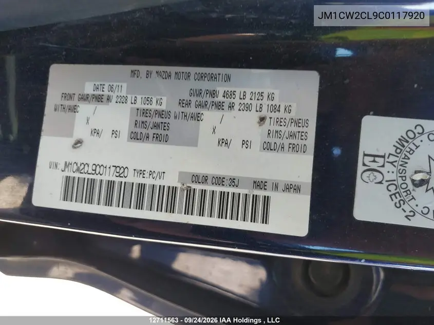2012 MAZDA 5 VIN JM1CW2CL9C0117920 — фото 9