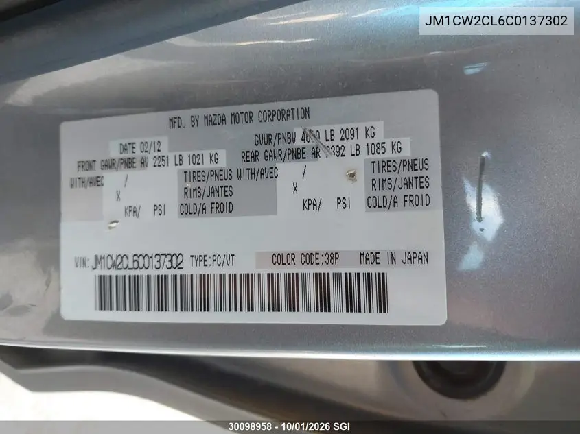 2012 MAZDA 5 VIN JM1CW2CL6C0137302 — фото 9