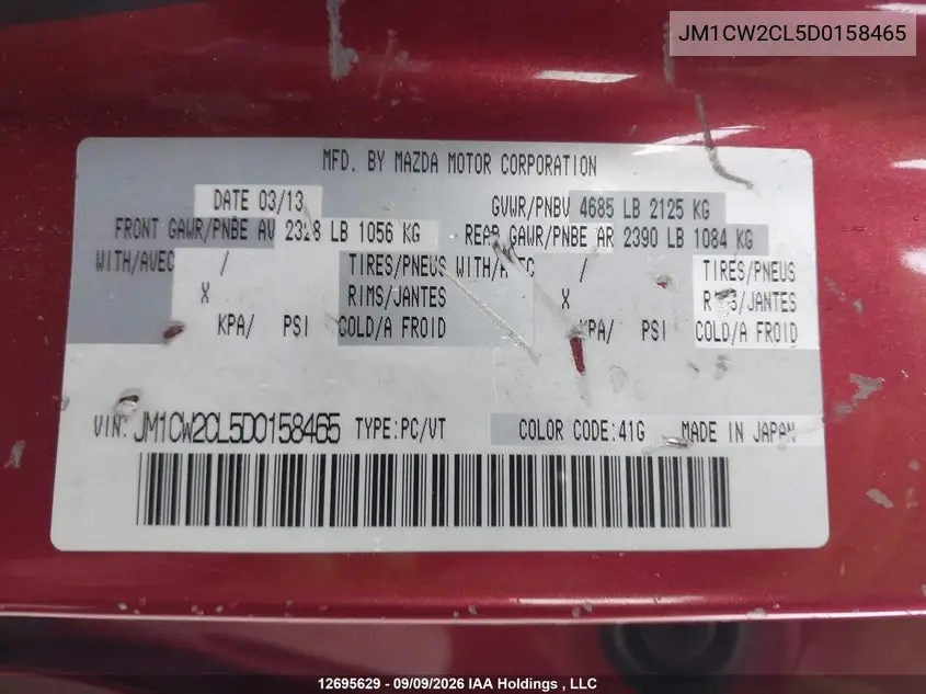 2013 MAZDA 5 VIN JM1CW2CL5D0158465 — фото 19