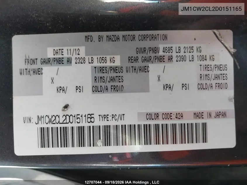 2013 MAZDA 5 VIN JM1CW2CL2D0151165 — фото 18