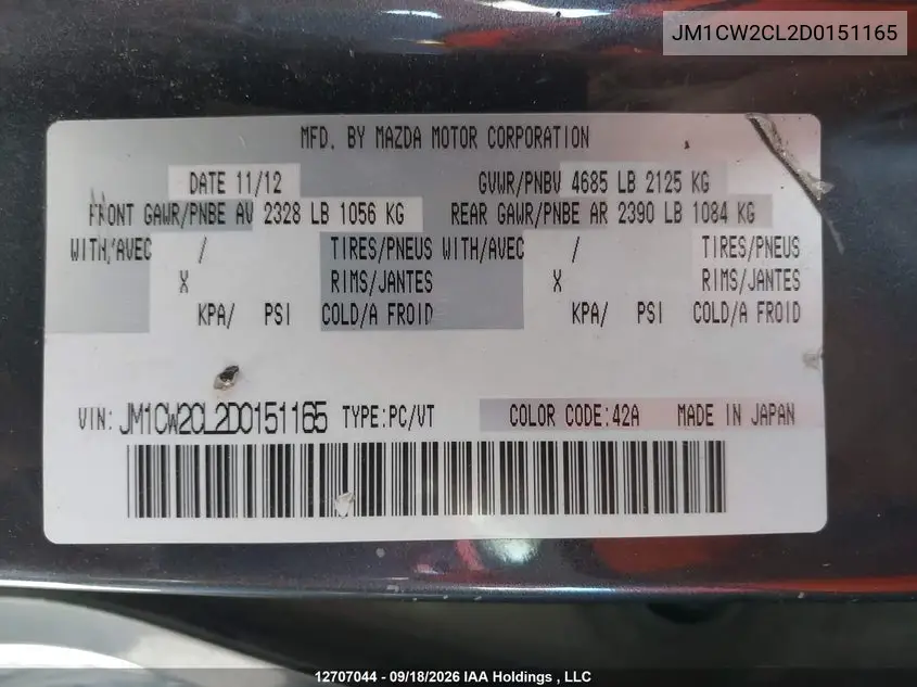 2013 MAZDA 5 VIN JM1CW2CL2D0151165 — фото 9
