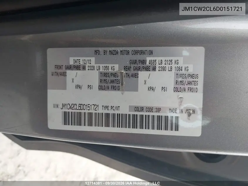 2013 MAZDA 5 VIN JM1CW2CL6D0151721 — фото 9