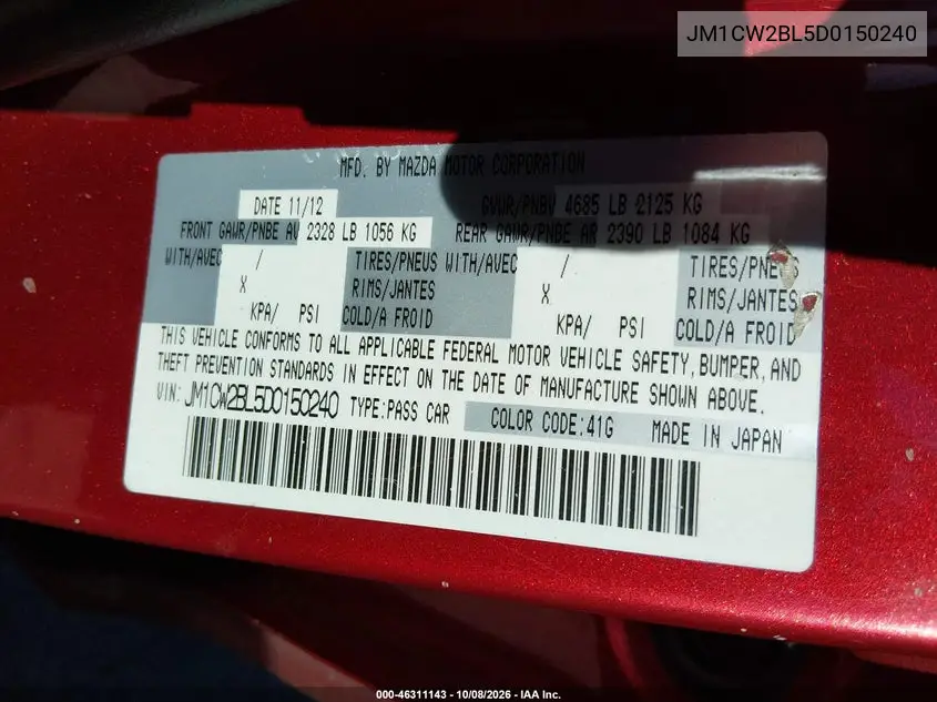 2013 MAZDA 5 VIN JM1CW2BL5D0150240 — фото 9
