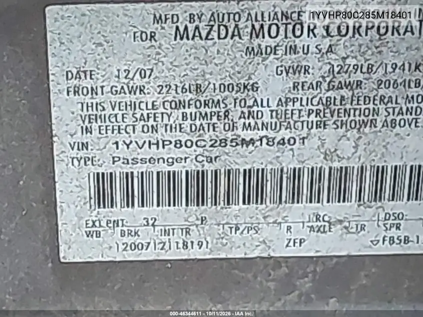 2008 MAZDA 6 VIN 1YVHP80C285M18401 — фото 9