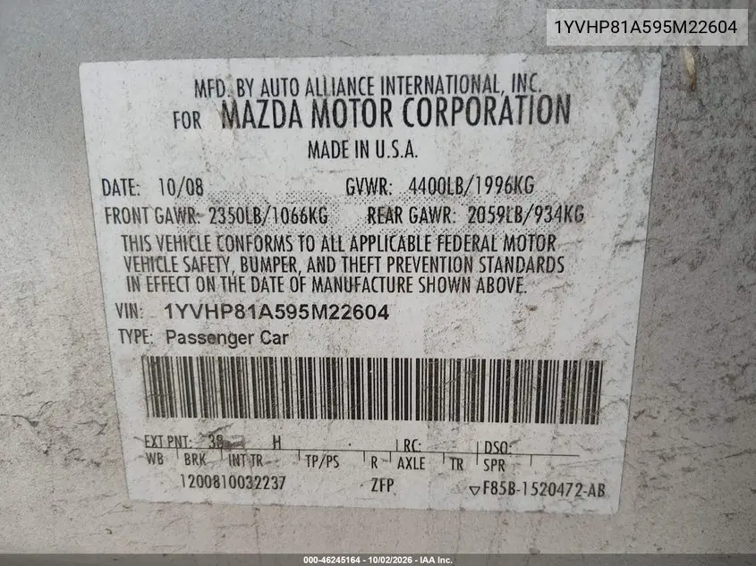 2009 MAZDA 6 VIN 1YVHP81A595M22604 — фото 9