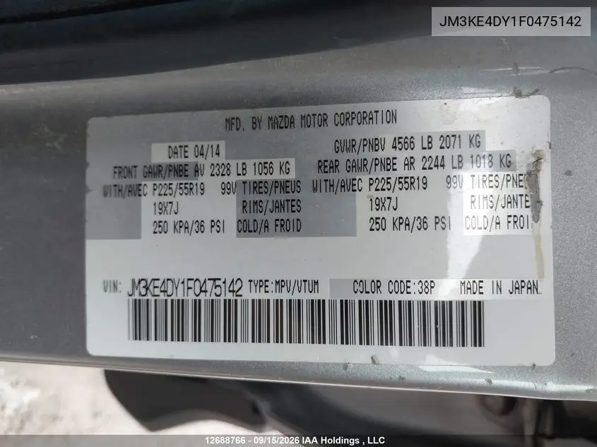 MAZDA CX-5 2015, VIN JM3KE4DY1F0475142
