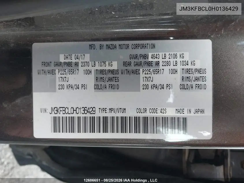 2017 MAZDA CX-5 VIN JM3KFBCL0H0136429 — фото 9