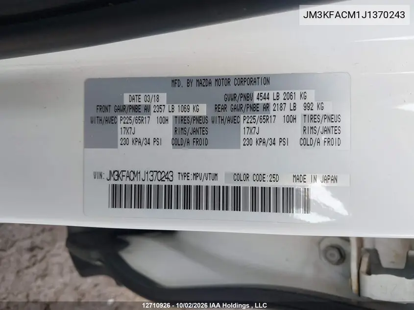 2018 MAZDA CX-5 VIN JM3KFACM1J1370243 — фото 9