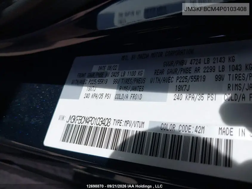 2023 MAZDA CX-5 VIN JM3KFBCM4P0103408 — фото 9