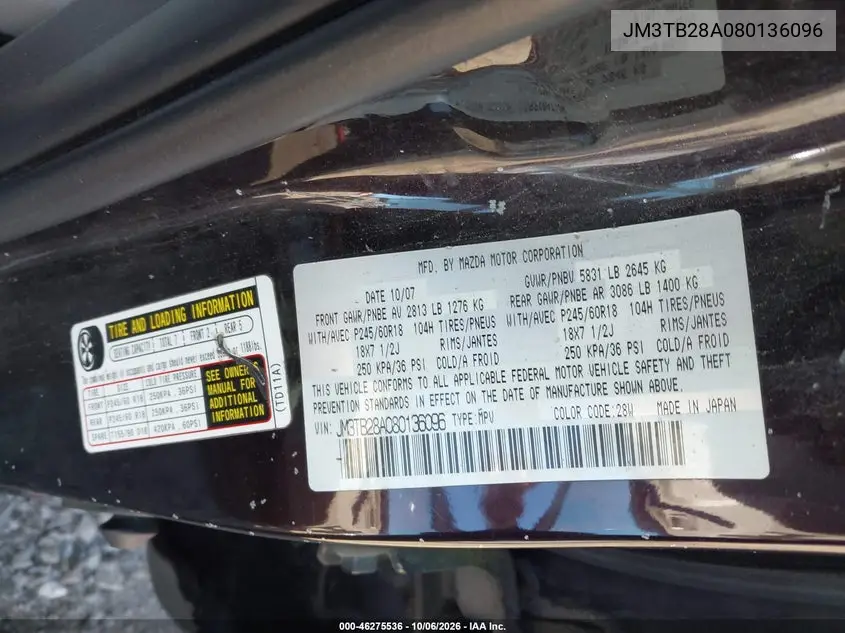 2008 MAZDA CX-9 VIN JM3TB28A080136096 — фото 9