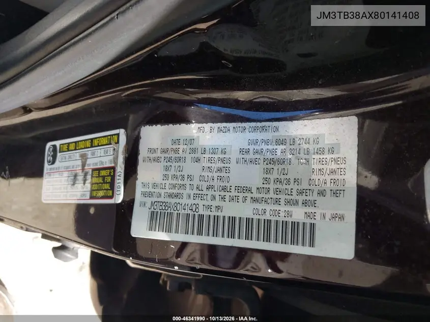 2008 MAZDA CX-9 VIN JM3TB38AX80141408 — фото 9
