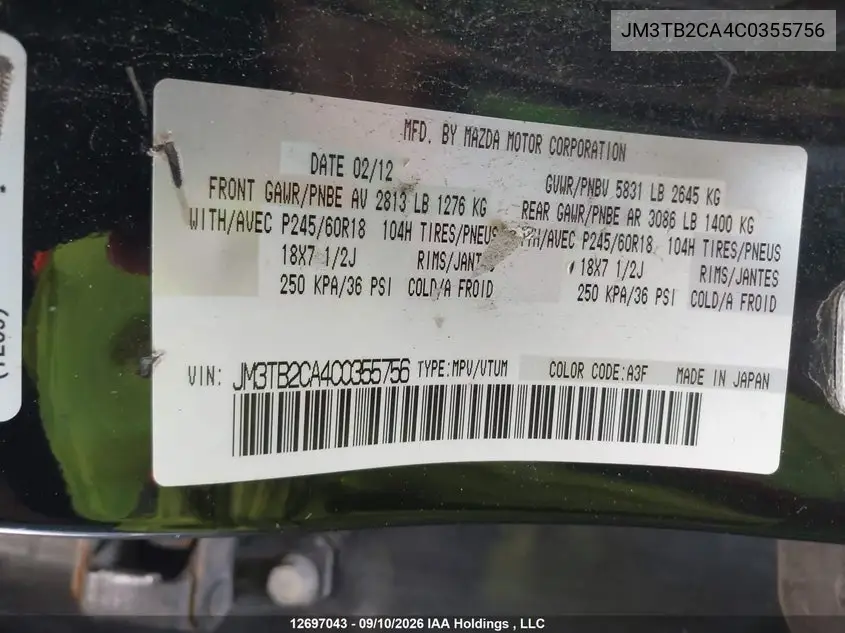 2012 MAZDA CX-9 VIN JM3TB2CA4C0355756 — фото 9
