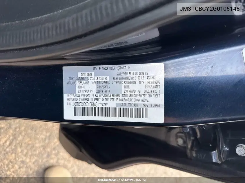 2016 MAZDA CX-9 VIN JM3TCBCY2G0106145 — фото 9