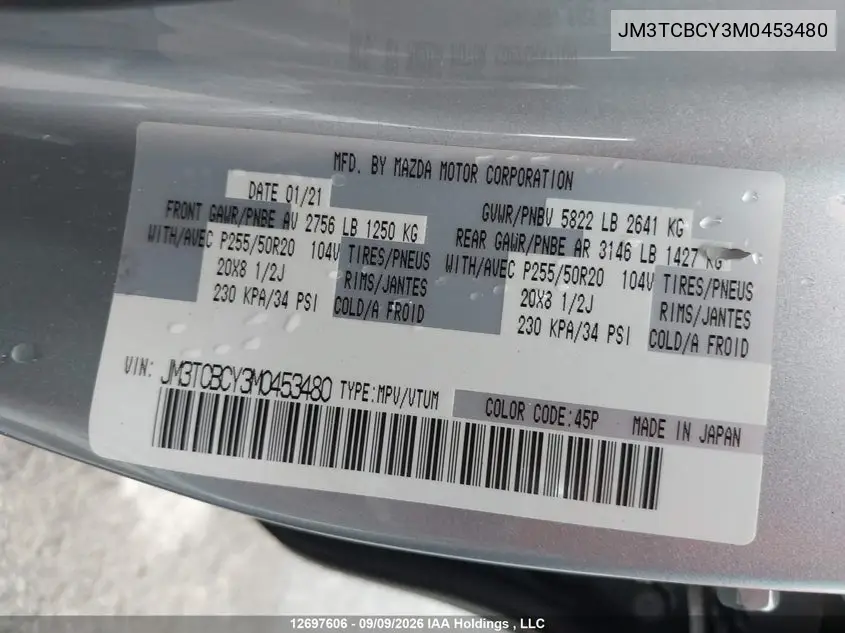 2021 MAZDA CX-9 VIN JM3TCBCY3M0453480 — фото 14
